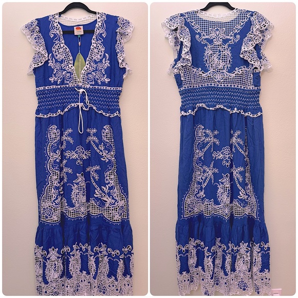 Farm Rio Blue Romantic Richelieu Maxi Dress - Picture 7 of 15